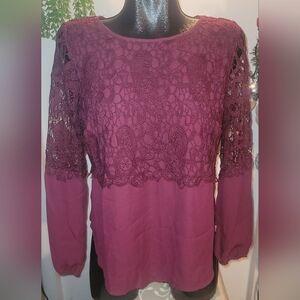 Cleo Petites Burgundy Lacy Detailed Long Sleeve Blouse M